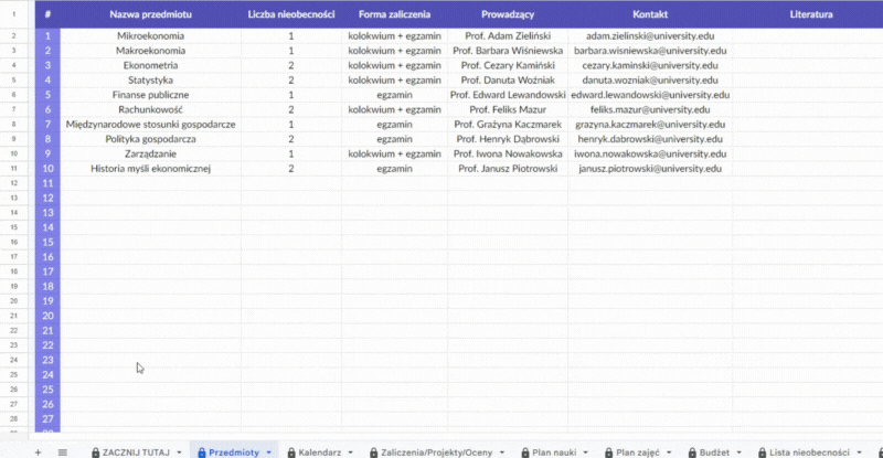Planer Studenta - Arkusz Google