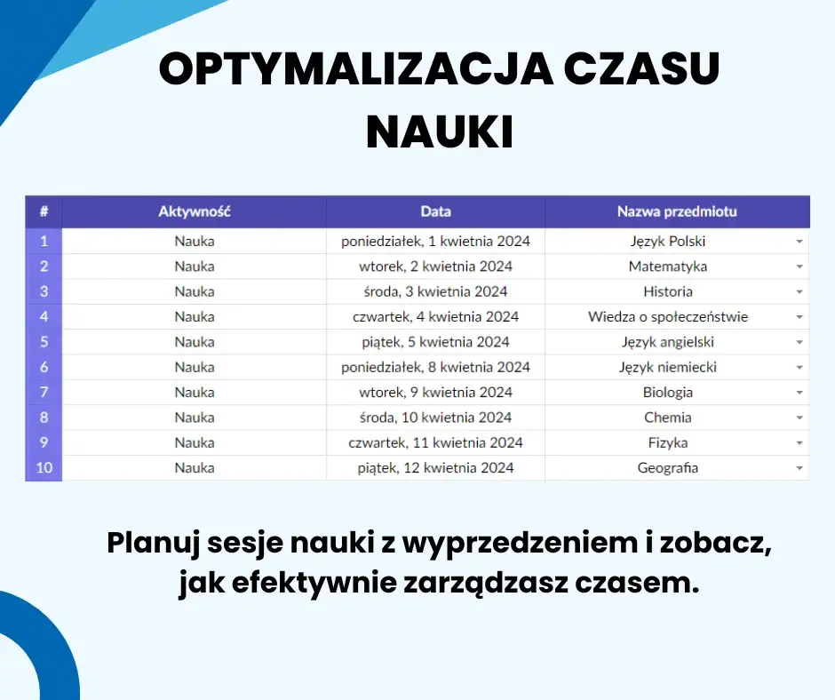 planer ucznia - czas nauki
