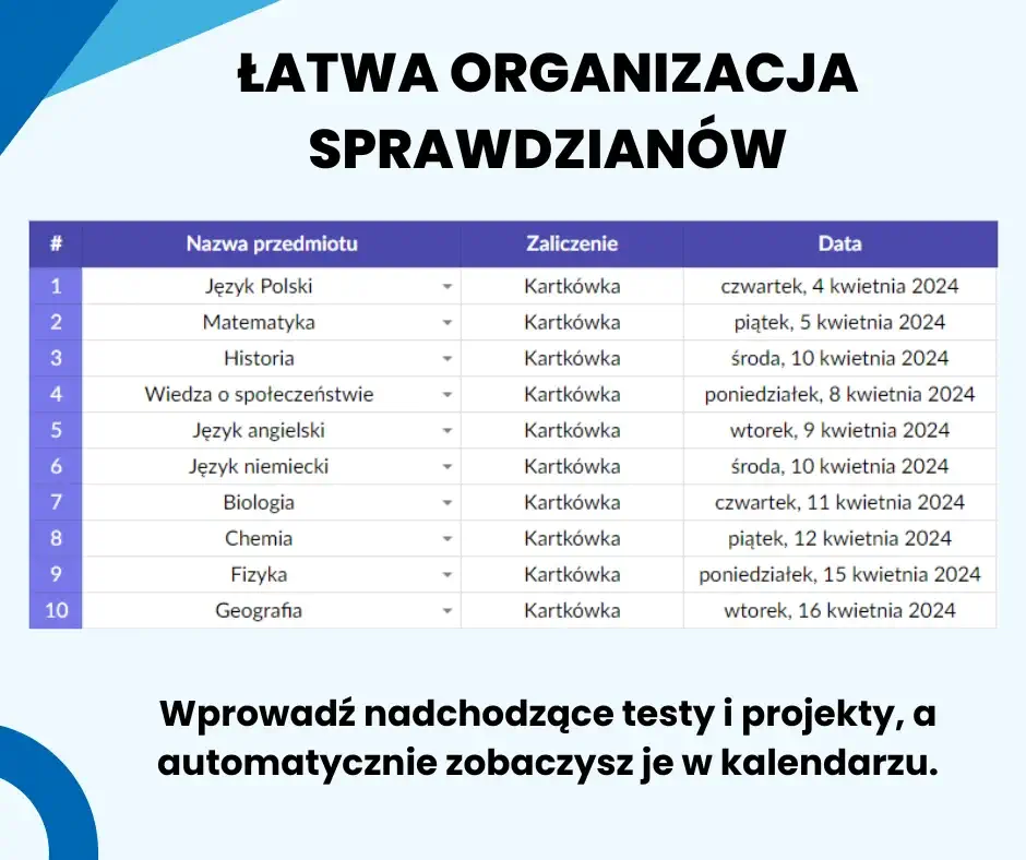 Planer Ucznia - Arkusz Google