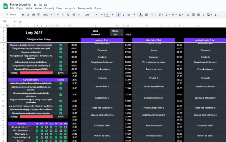 Planowanie tygodnia w google sheets