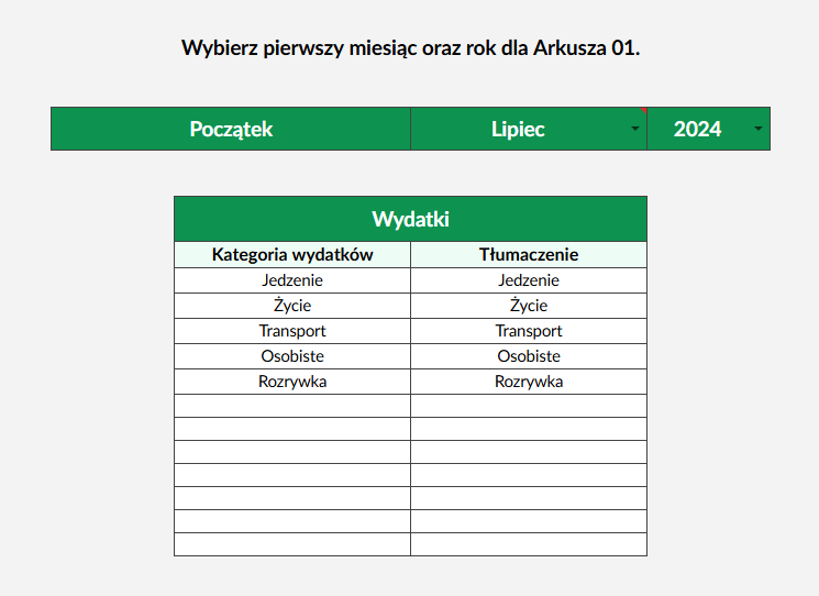 ustawienia arkusza budżetowego